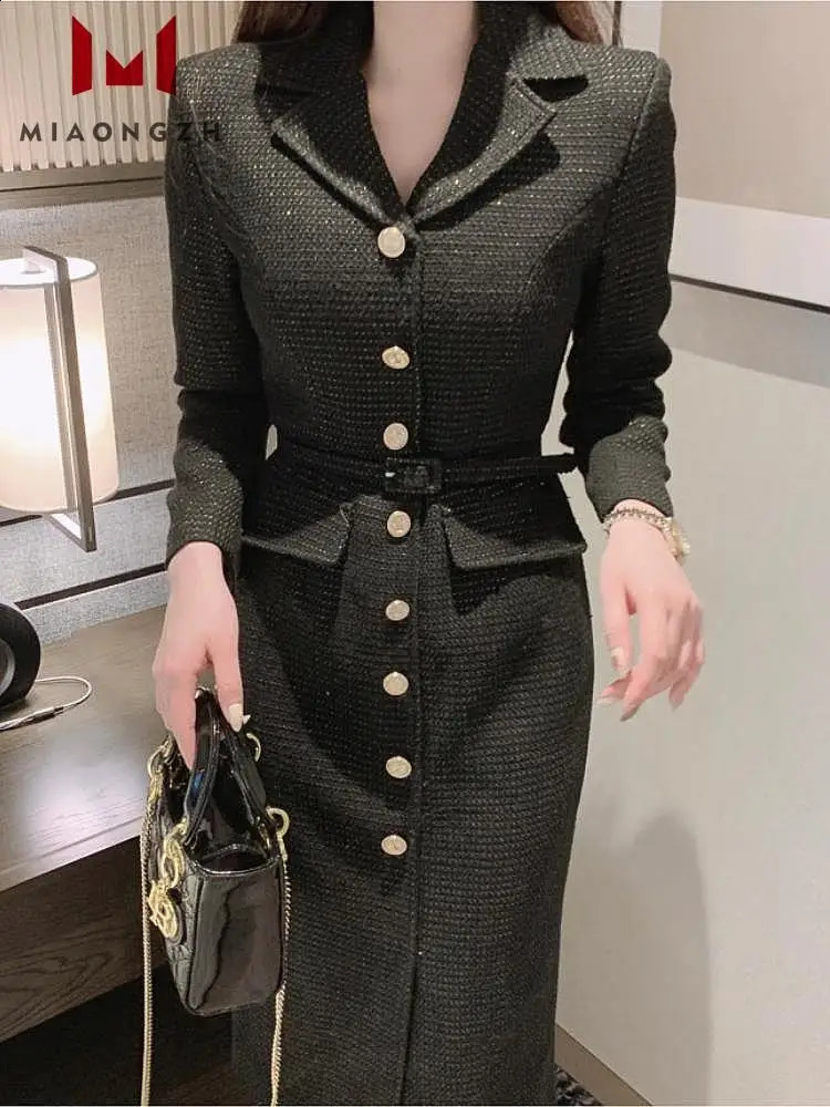 Fashion White Tassel Single Bodycon For Women Office Dresses Suit Collar Black Autumn Long Sleeve Female Formal Dress 240824