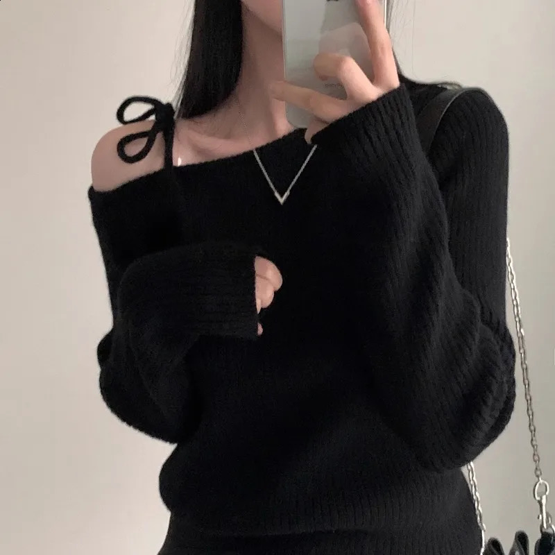 Irregular Skew Collar Sweater Off Shoulder Ropa Mujer Lace Up Bow Pullover Feminino Sexy Womens Clothing Korean Knitwears 240824