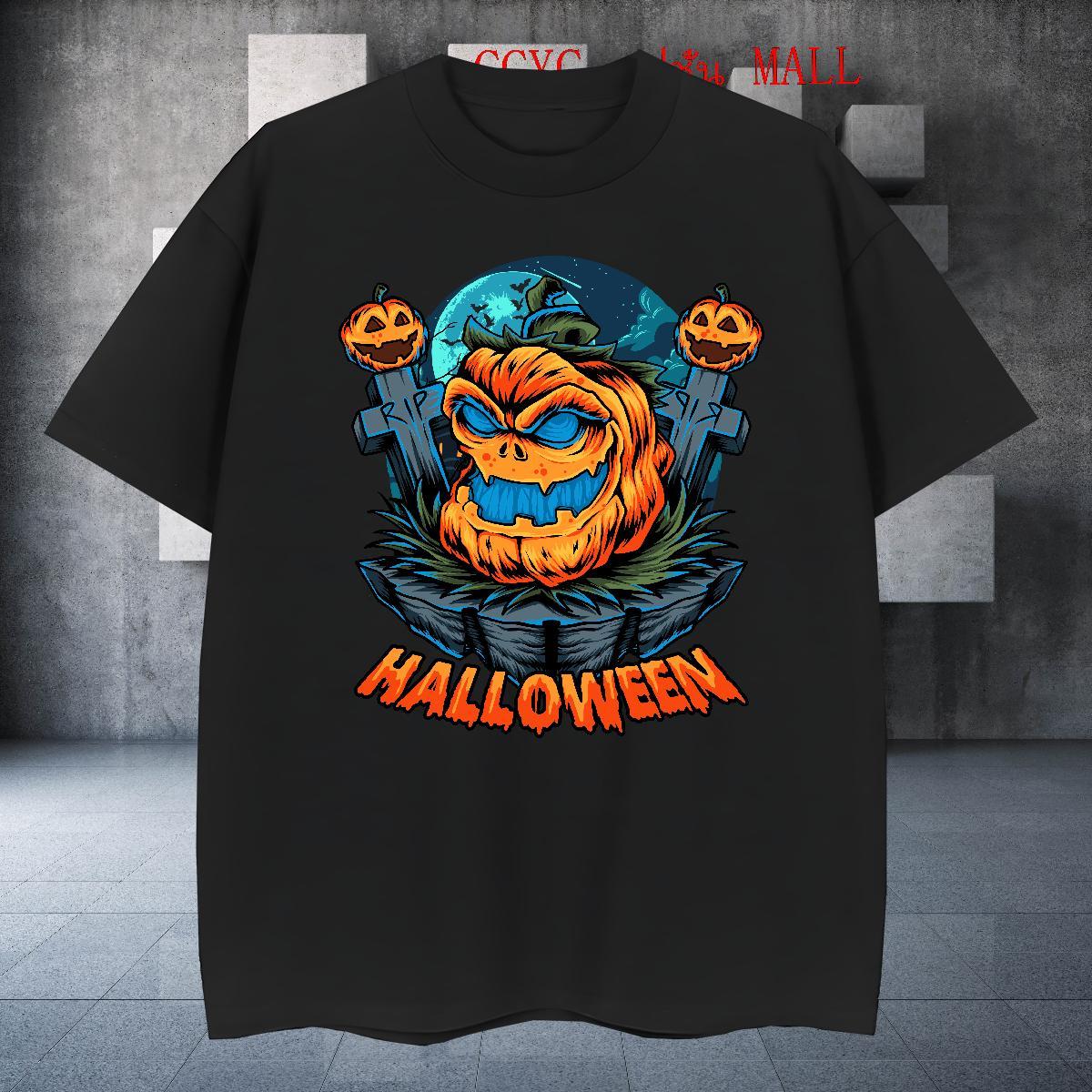 Fashion New Men Tees halloween Casual 230g 100% Cotton Top Tees Breathable Short Sleeve Unisex Mens T Shirts Cartoon Print