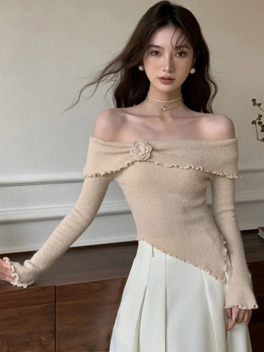 Deeptown Korean Fashion Off Shoulder Sweater Women Fairycore Aesthetic Knitted Jumper Mujer Chic Elegant Long Sleeve Top Spring 240824