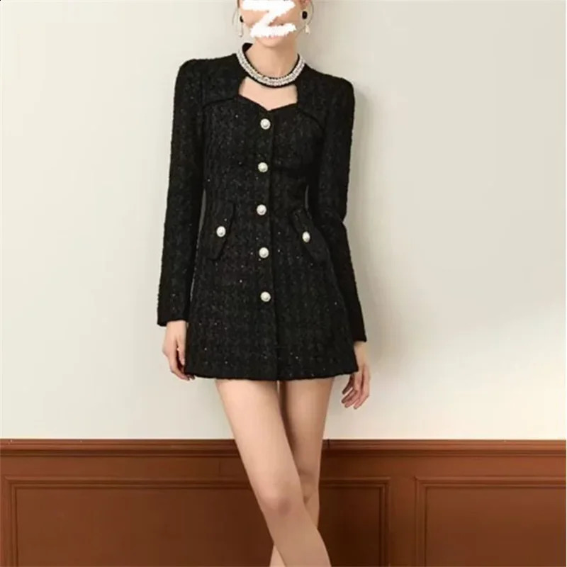High Quality Arrival Fashion Women Fall Winter Long Sleeve Embroidered Flares Pearls Button Sequins Tweed Black Dress 240824