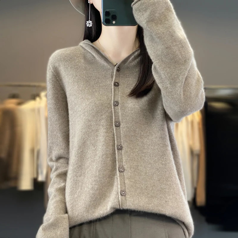 Merino wool Cardigan hat Fall/winter cashmere sweater womens o collar 100% wool warm bottom knit shirt top 240824