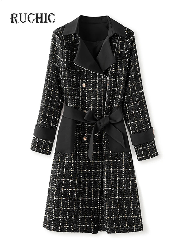 RuChic Autumn Women Fashion Dress Notched Collar Long Sleeve Tweed Double Breasted Lace-up Waist Elegant Dresses 240824