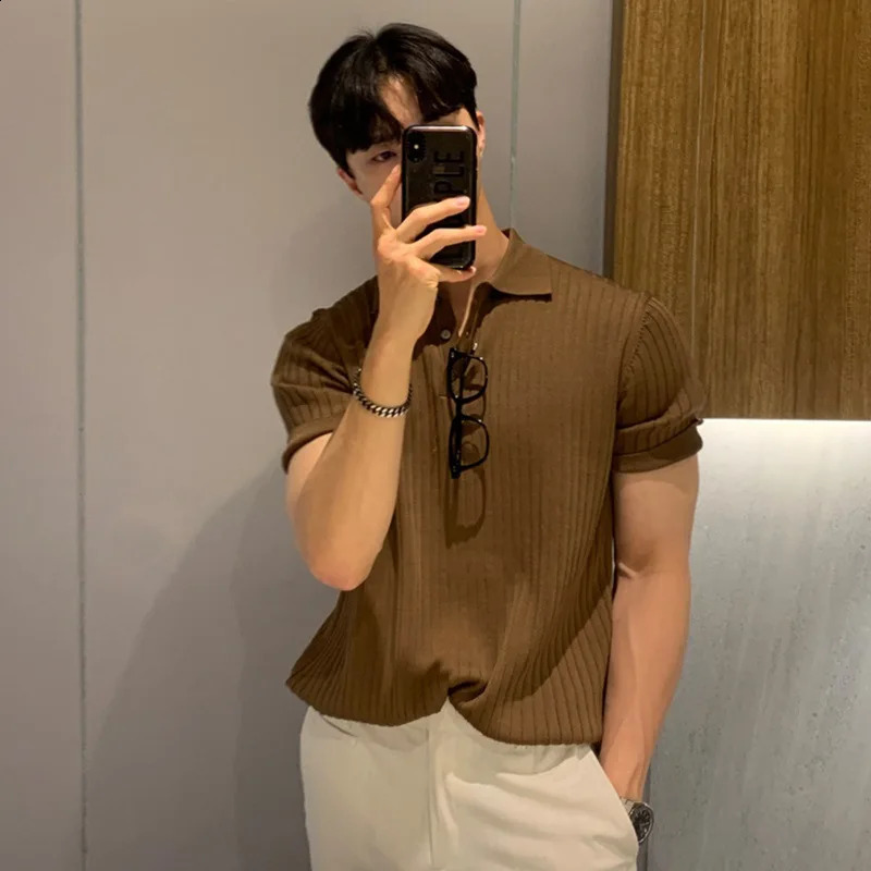 Summer casual fashion solid color knitted polo shirt Korean mens button up collar short sleeved street clothing rib 240824
