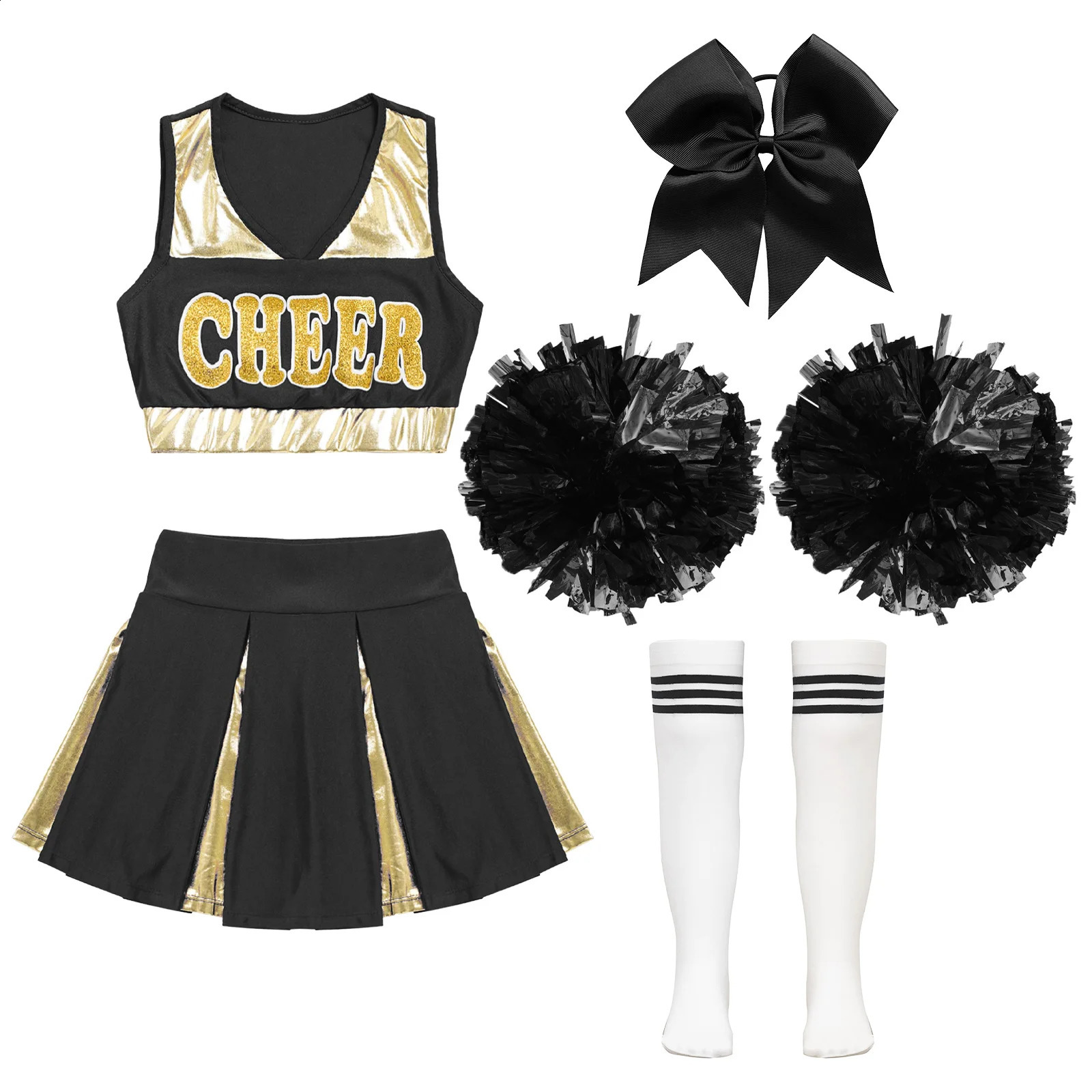 Pompoms and Socks Girls Cheerleading Uniform School Dance Costume Sleeveless Tank Top Halloween 240823