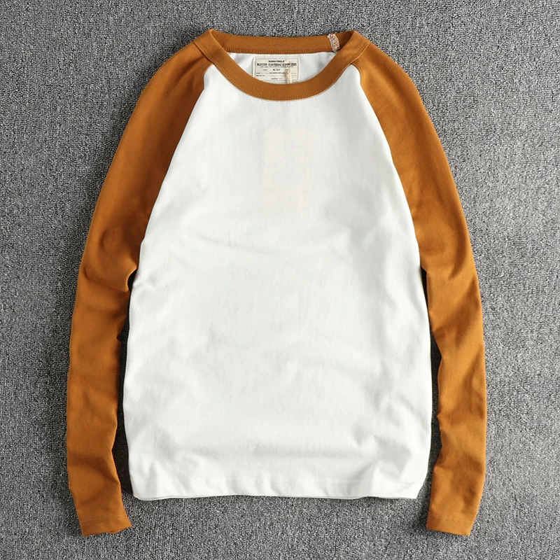 Autumn American Retro Heavyweight 240g Raglan Sleeve Color Splicing Tshirt Mens Fashion Pure Cotton Wash Loose Casual Top 240823