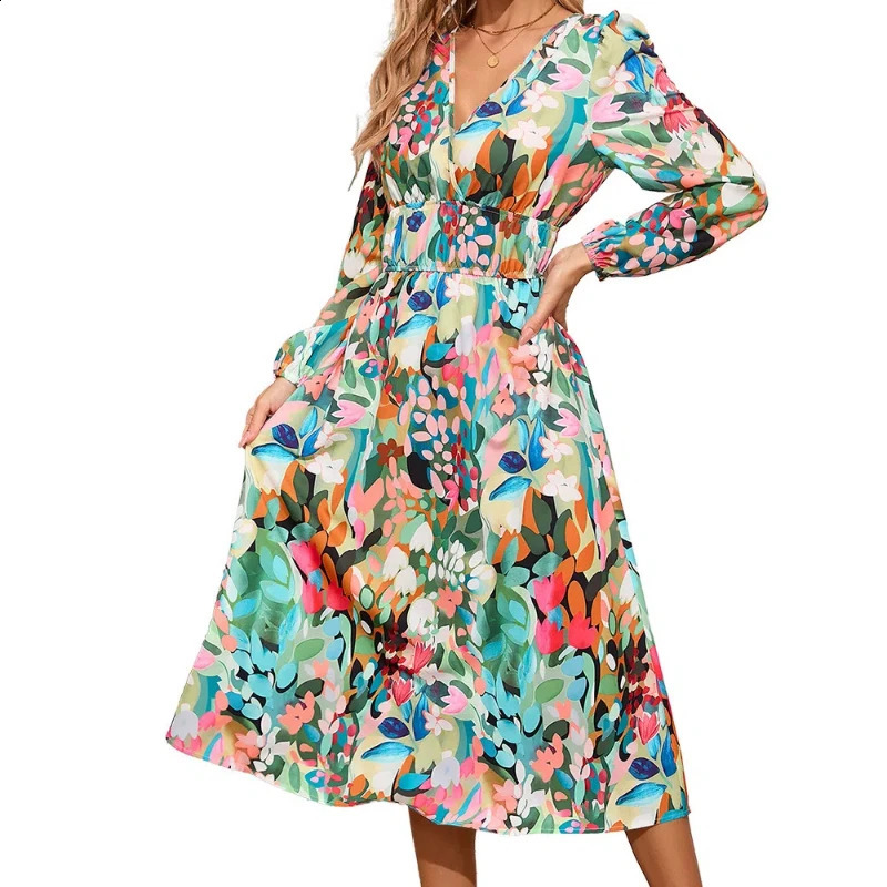 Han Yige European and American Womens Slim Fit Temperament Printed Waist Cinched Long Sleeved Dress 240824