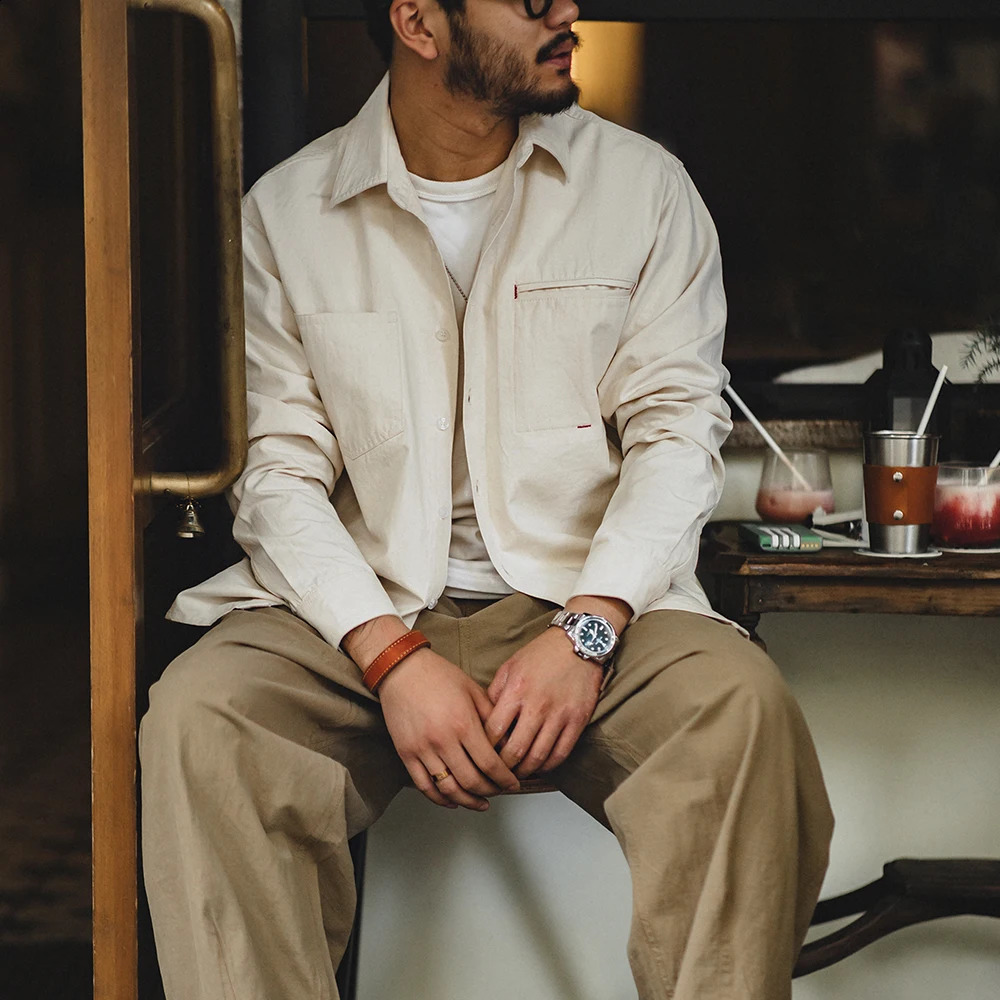 Maden Workwear American Retro Polo Collar Cotton Seed Shell Long Sleeve Shirt Folding Amekaji Shirt Coat Mens Top 240824