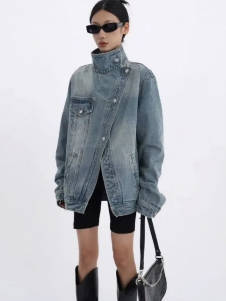 Womens Denim Coat Turtleneck Single Breasted Full Sleeve Patchwork Versatile Jacke Fashion Autumn Streetwear Denim Overcoat 240823