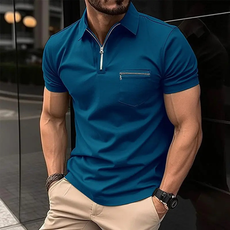 summer fashion slim mens top POLO shirt trend solid color zipper pocket mens sports polo shirt 240814