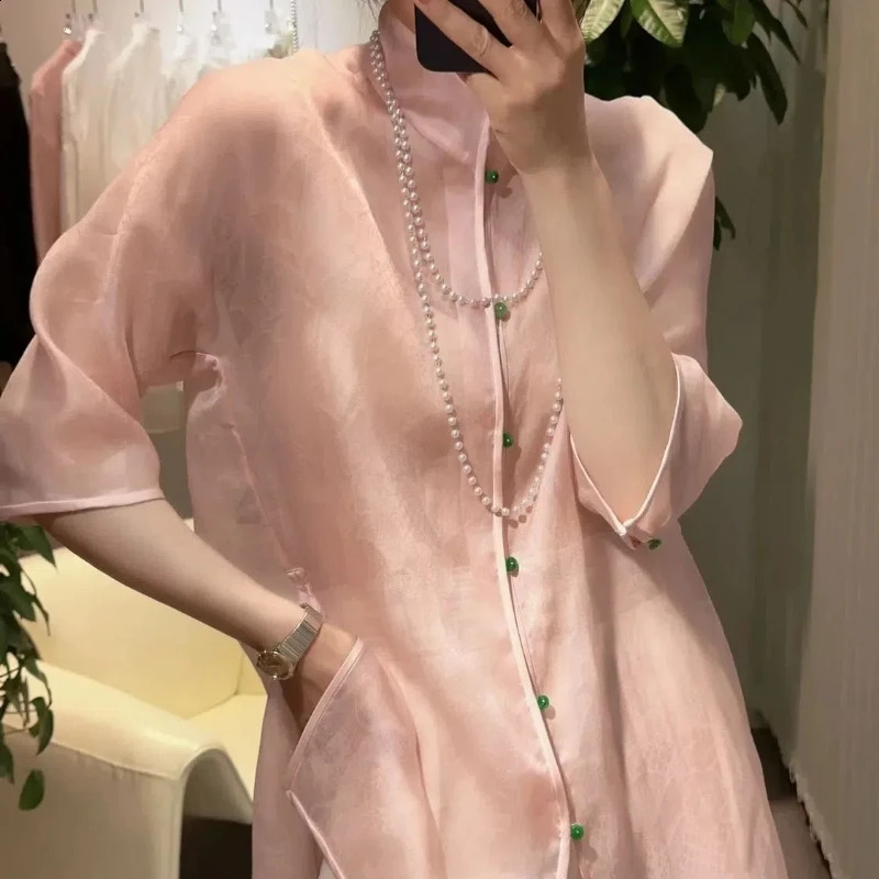 Spring and Autumn Chinese Style Minimalist Fashion Mid to Long Blouses Stand Up Collar Solid Color Button Womens Shirt Top 240823