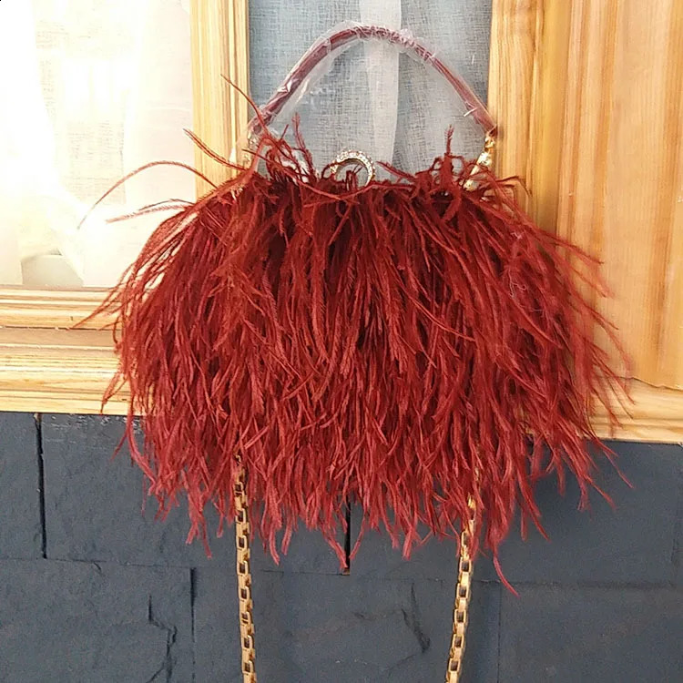 Retro Fashion Ostrich Hair Feather Womens Evening Bags Autumn Winter Fashion Shoulder Chain Bags Clutches Party Handbag 240823