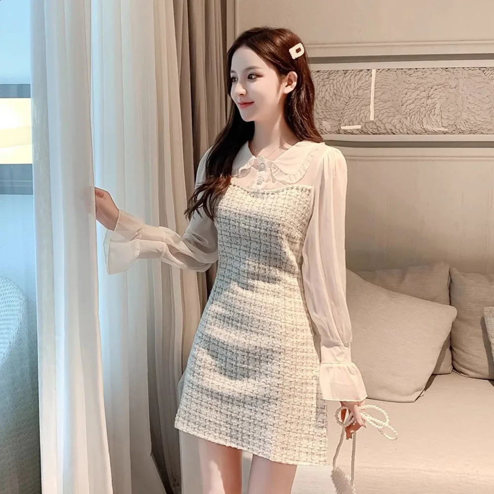 Fashion Sweet Pink Dress Womens Long Sleeve Tweed Mesh Long Sleeve Dresses Autumn Winter Polka Dot Pearl Office Work Vesitdos 240824