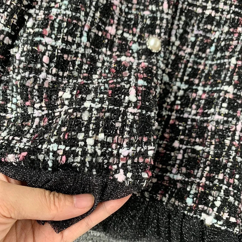 Lace Up Dress Waist Down Single Breasted Women Black Dresses Patchwork Long Sleeve Ruffle Tweed office ladies Dresses 240824