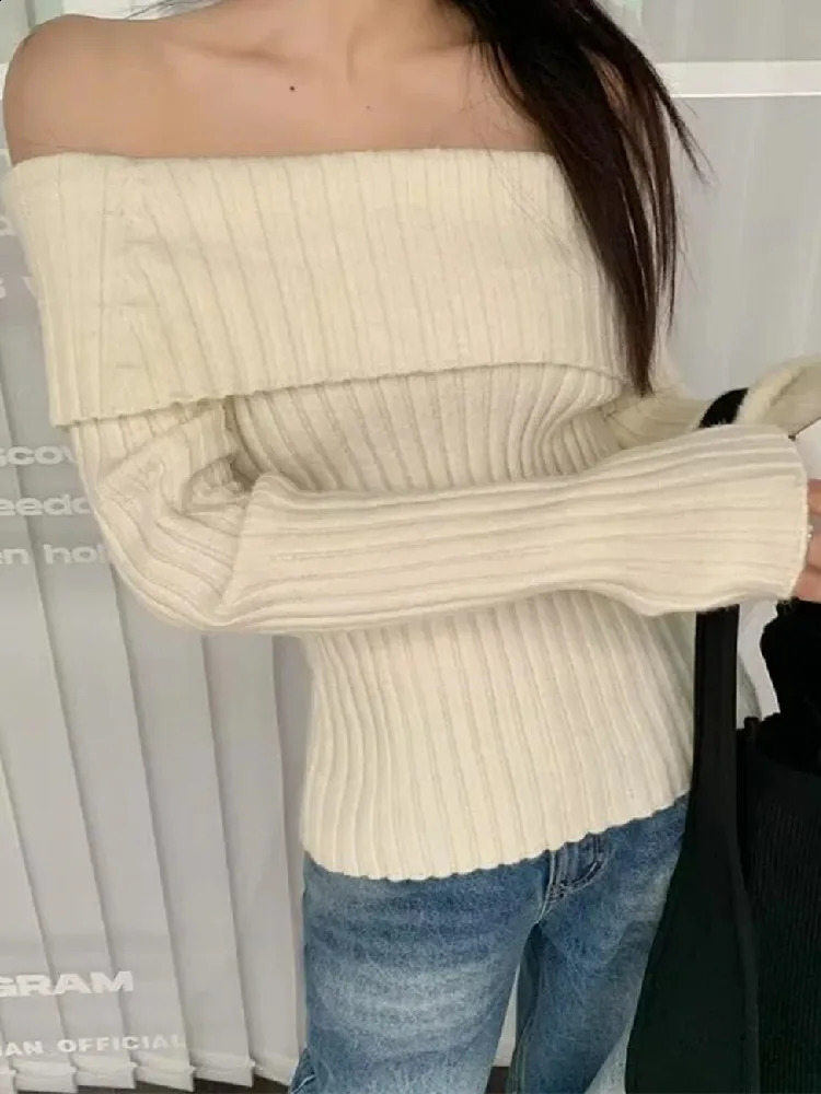 Autumn Winter Solid Color Rib Knitted Off the Shoulder Pullover Sweater Sexy Women Full Sleeve Slim Stretch Knitwear Jumper 240824