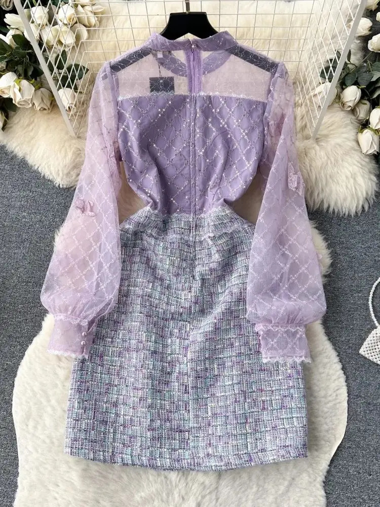 French Sweet Small Fragrance Lace Mesh Stitching Tweed Dress Women Elegant Long Sleeve Butterfly Embroidery Chic Short Vestidos 240824
