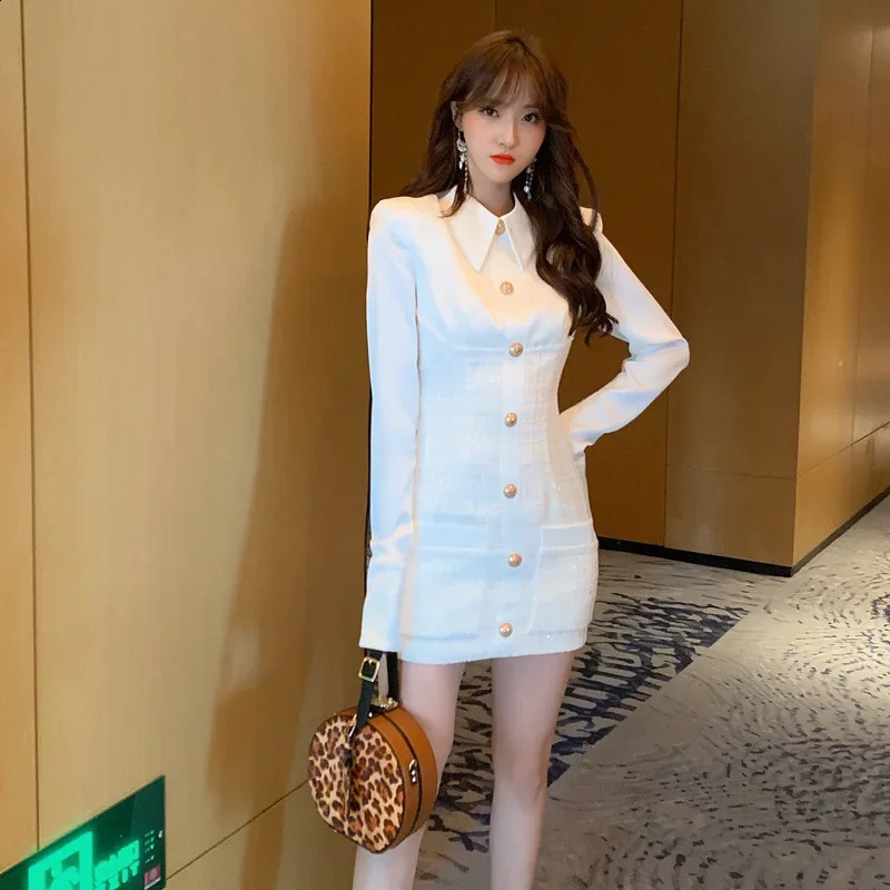 Fall Winter Fashion Women Office Dress Turn-down Collar Long Sleeve Metal Button Tweed Spliced White Bodycon Dress 240824