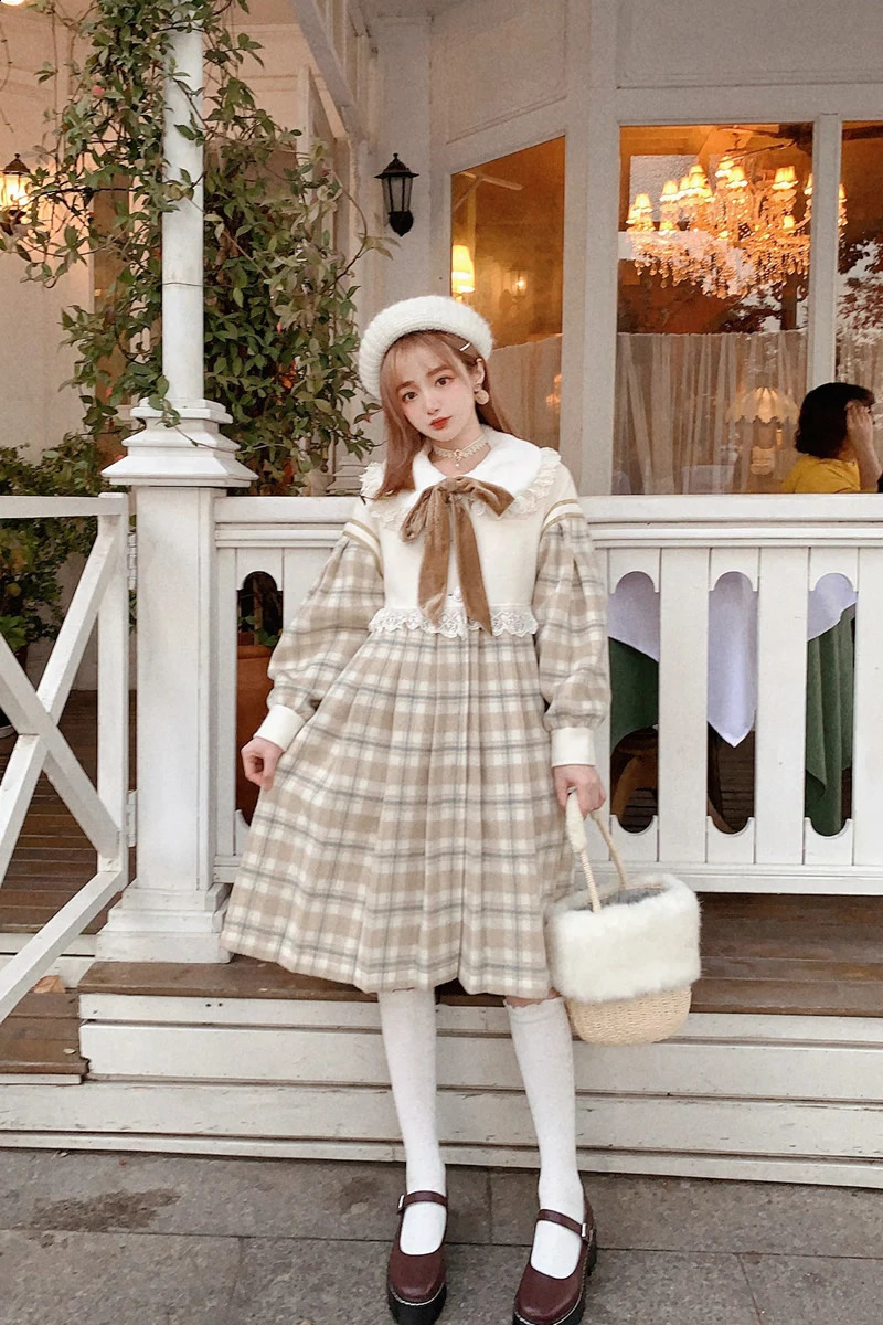BOBON21 Winter Korean doll collar Long Sleeve Dress hit color patchwork single breasted mid-long tweed Dress C1959 240824