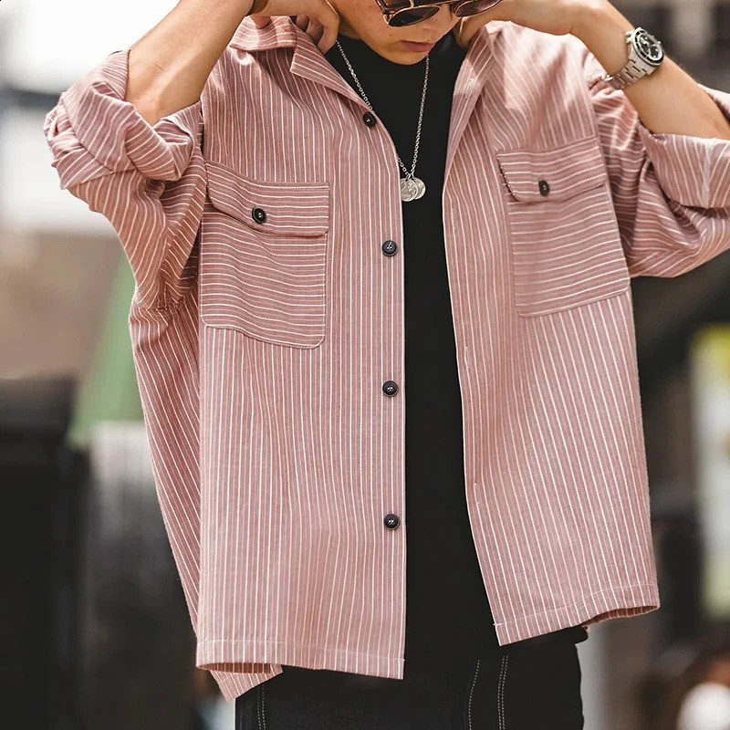 Maden Striped Cuban Collar Men Shirt Jap Retro Patchwork Vintage Pocket Longsleeved Polyester Cotton Spring Fall Trend 240824