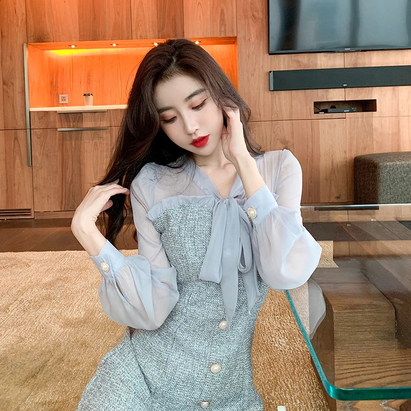 Womens Autumn Fragrant Chiffon Patchwork Tweed Long Sleeved Dress Elegant Party Vestidos 240824