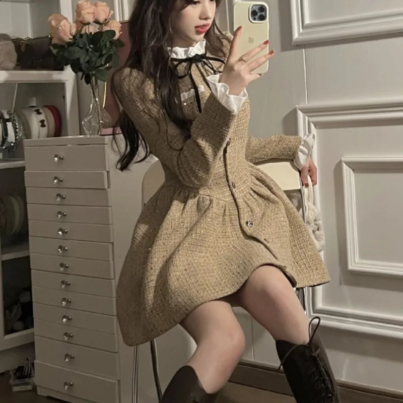 Autumn Winter Long Sleeved Dress Tweed Vestidos Elegantes Para Mujer Mini Party Plaid Retro Women Clothing Y2k Robe 240824