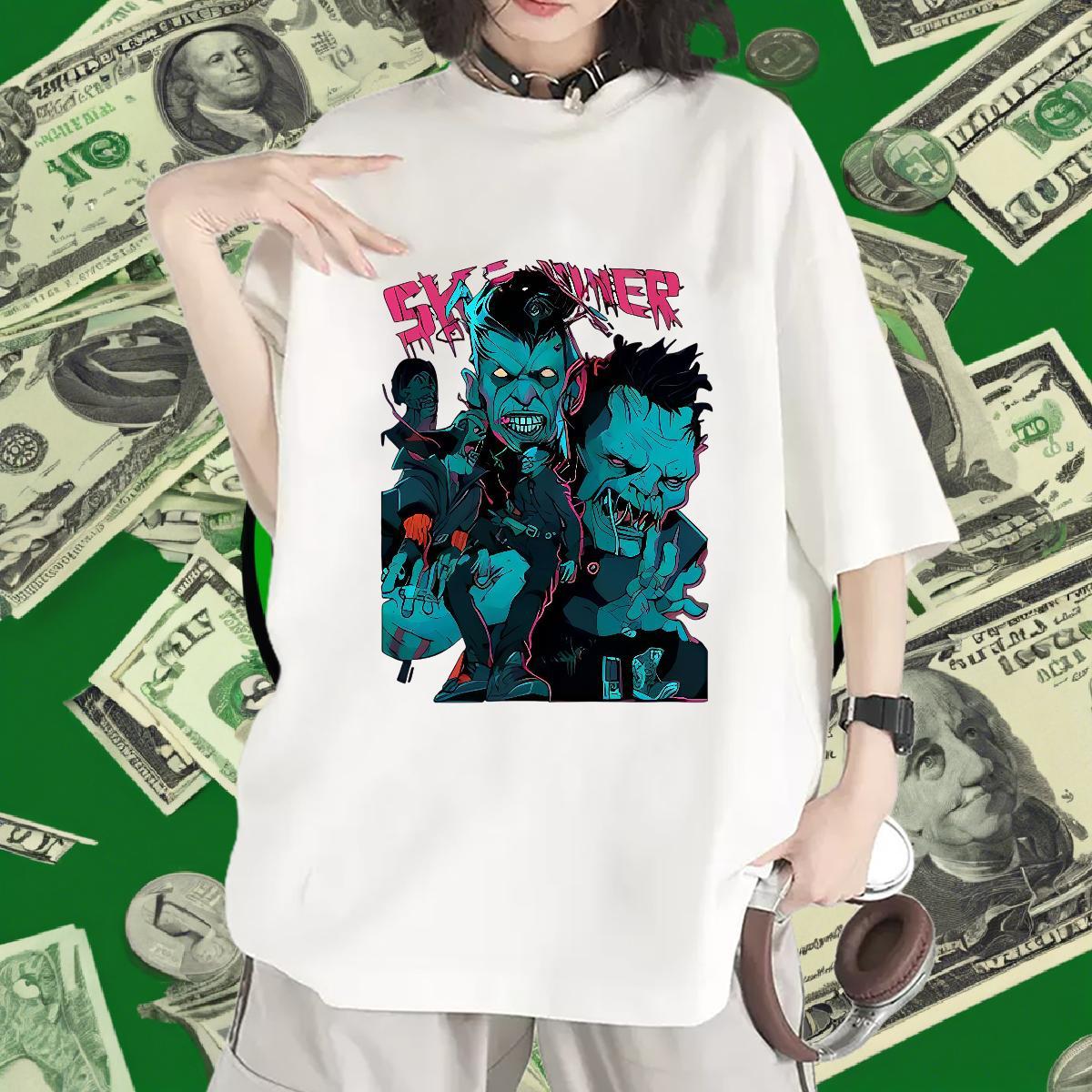 Female Lady T shirt 100% Cotton 230g Terror Beach T Shirts Women Crew Neck Breathable Anime Print Tees Shirts