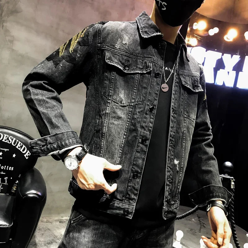YASUGUOJI Punk Style Fashion Eagle Embroidered Patch Jean Jacket Men Denim Jackets Streetwear Slim Black Jacket Men 240824