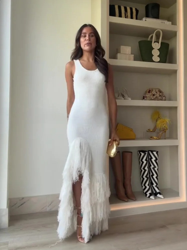 Womens Elegant Knitted Fringe Irregular Hem Dress Fashion Sleeveless Camisole Slit Slim Fit Robes Female Party Dresses