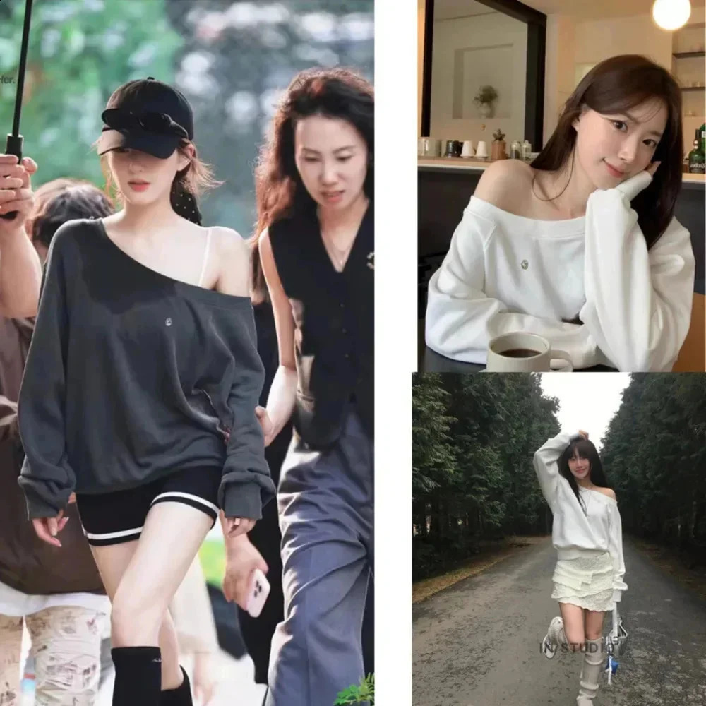 Asymmetric Shoulder Off Shoulder Hoodless Sweater Rosy Same Style Korean Hoodie Fashion Retro Long Sleeved Women Sweatshirt 240824