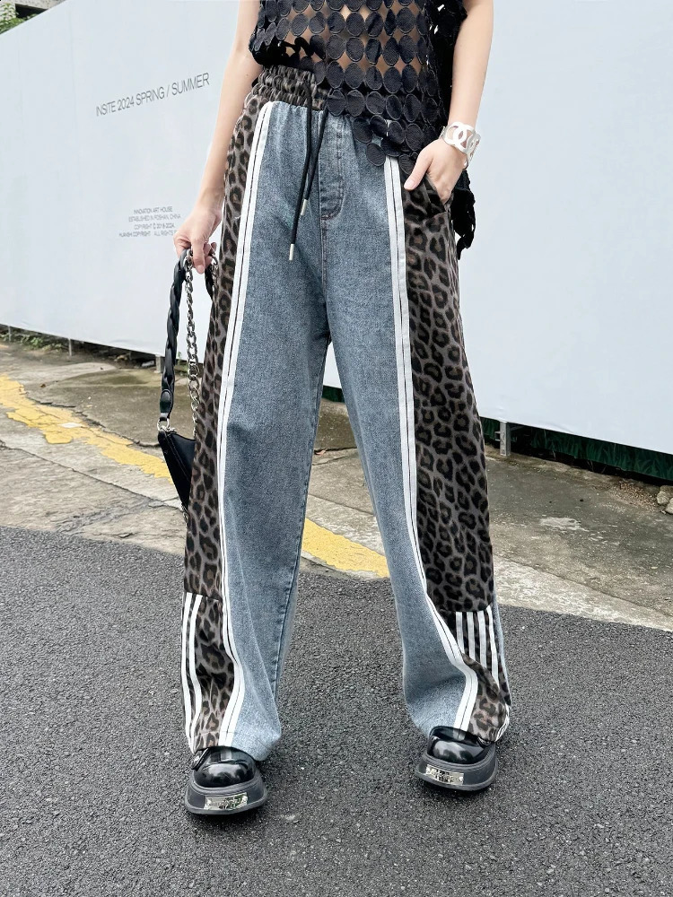 Vintage Street Leopard Print Wide Leg Pants Splicing High Waist Jeans Women Summer Loose Elastic Casual Trousers Streetwear 240823
