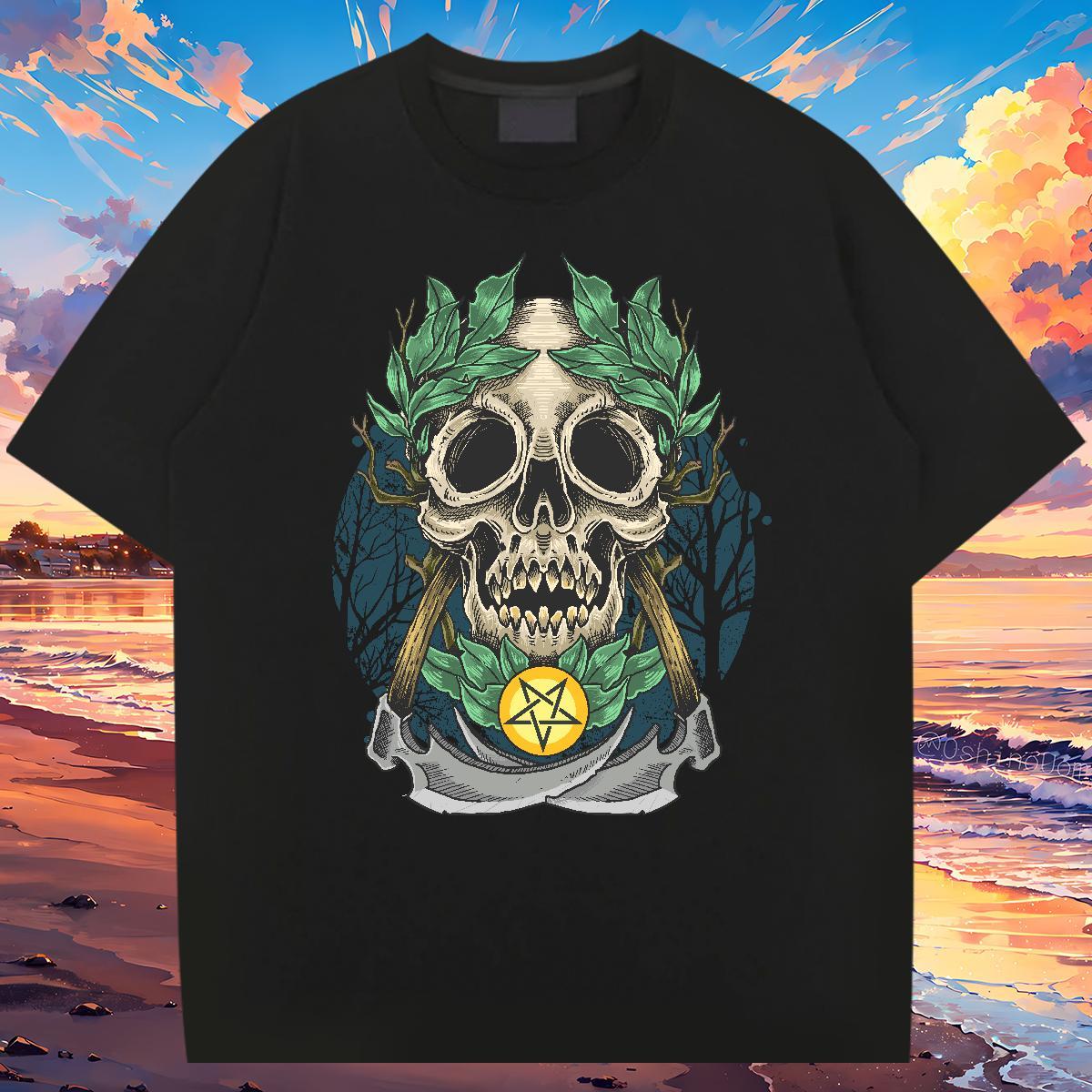 High Quality Mens T Shirts 230g 100% Cotton skull Hip Hop Floral Print O-Neck Short Sleeve Men Clothes T-Shirt Classic Casual Top Tees