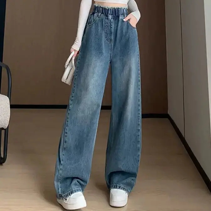 Oversized denim Trouser womens tracking straight wide leg loose high waist ultrafine lace fringe pants 240823