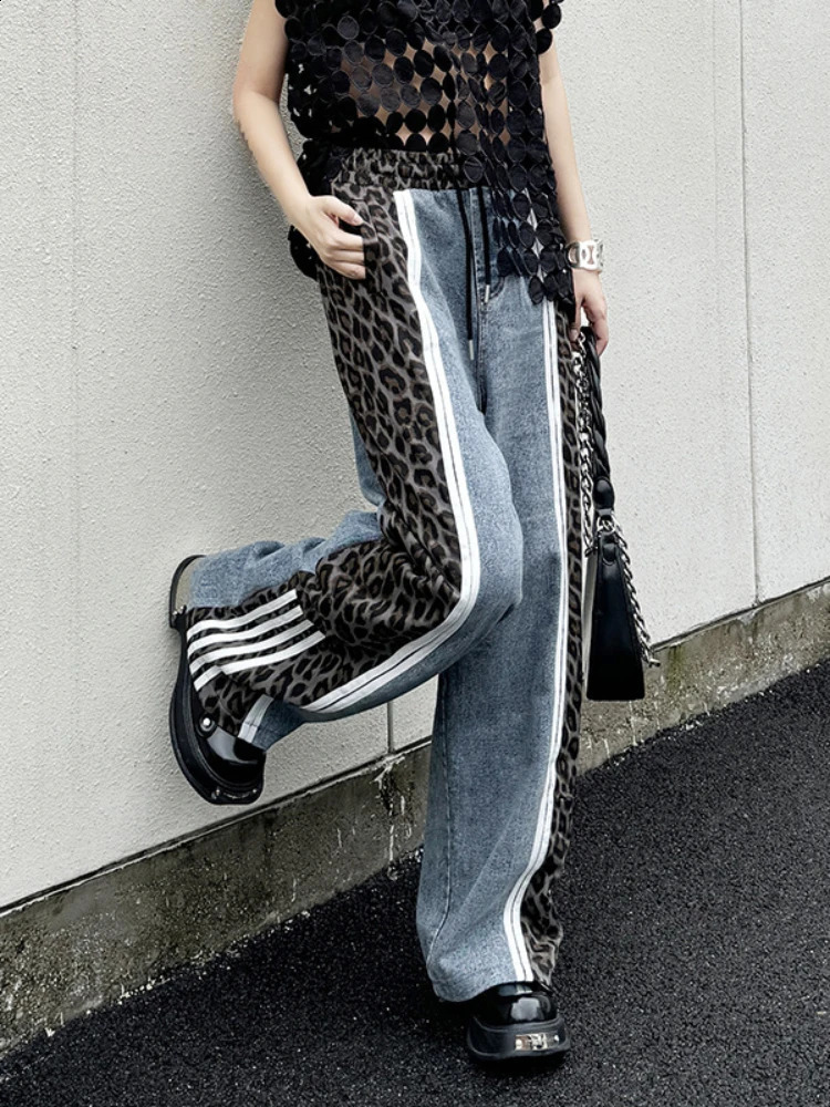 Vintage Street Leopard Print Wide Leg Pants Splicing High Waist Jeans Women Summer Loose Elastic Casual Trousers Streetwear 240823