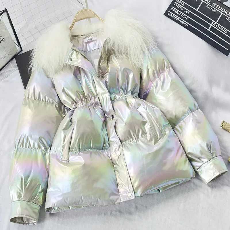 Women's Down Parkas Big Fur collar Glossy Parka Cotton Jacket Womens Winter New Korean Loose Warm Coat Female Thicken Outwear Casual Parkas Jacke