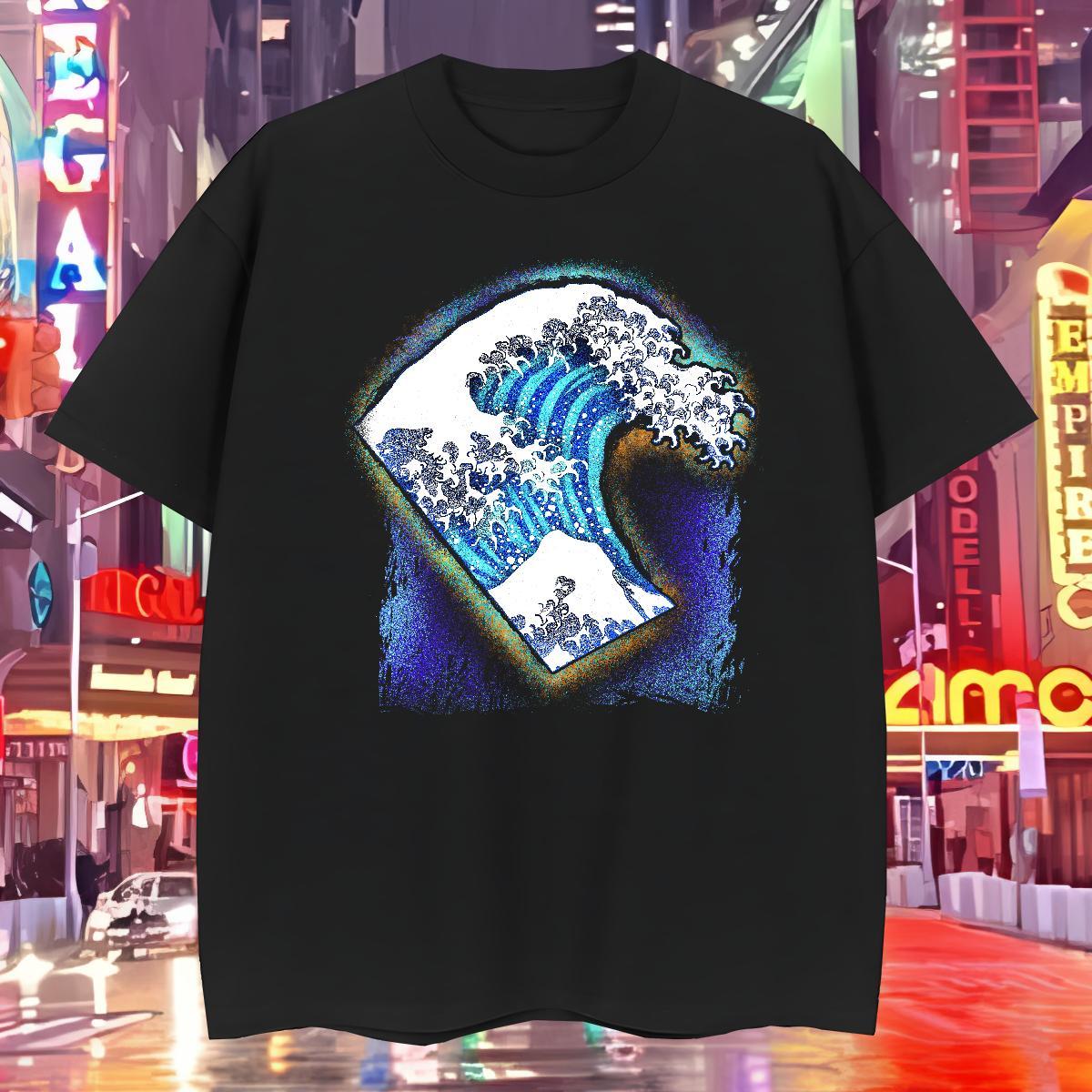 Soft Mens T Shirts 230g Pure Cotton sea wave Casual Daily Wear Anime Print Breathable Soft Mens Tshirts Classic Tops