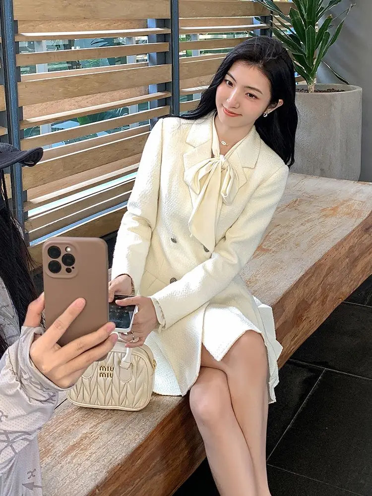 GkyocQ Spring Women Dress Elegant Turn Down Collar Long Sleeve Double Breasted High Waist A Line Pleated Mini Dress 240824