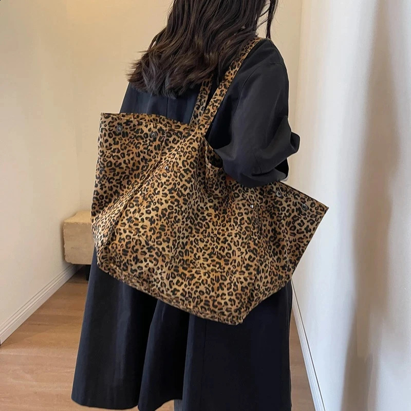 Oversized Leopard Prints Shoulder Bags For Women Deformable Canvas Large Capacity Shopping All Season y Handbags 240823
