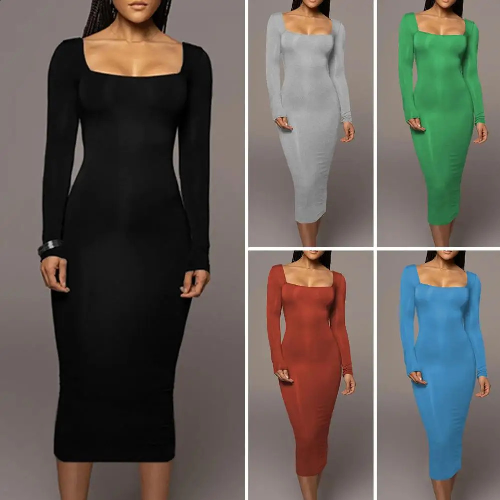 Autumn And Winter Womens Slim Tight Bottom Dress Solid Colour Grab Square Neck Long Sleeve Dresses Stretch Hip Thin Long Dress 240823