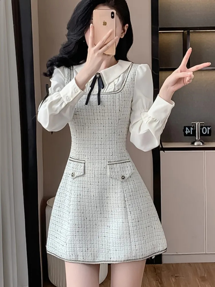 French Vintage Patchwork Short Dresses for Women Long Sleeves Tweed Korean Birthday Party Evening Dresses Autumn Spring Vestidos 240824