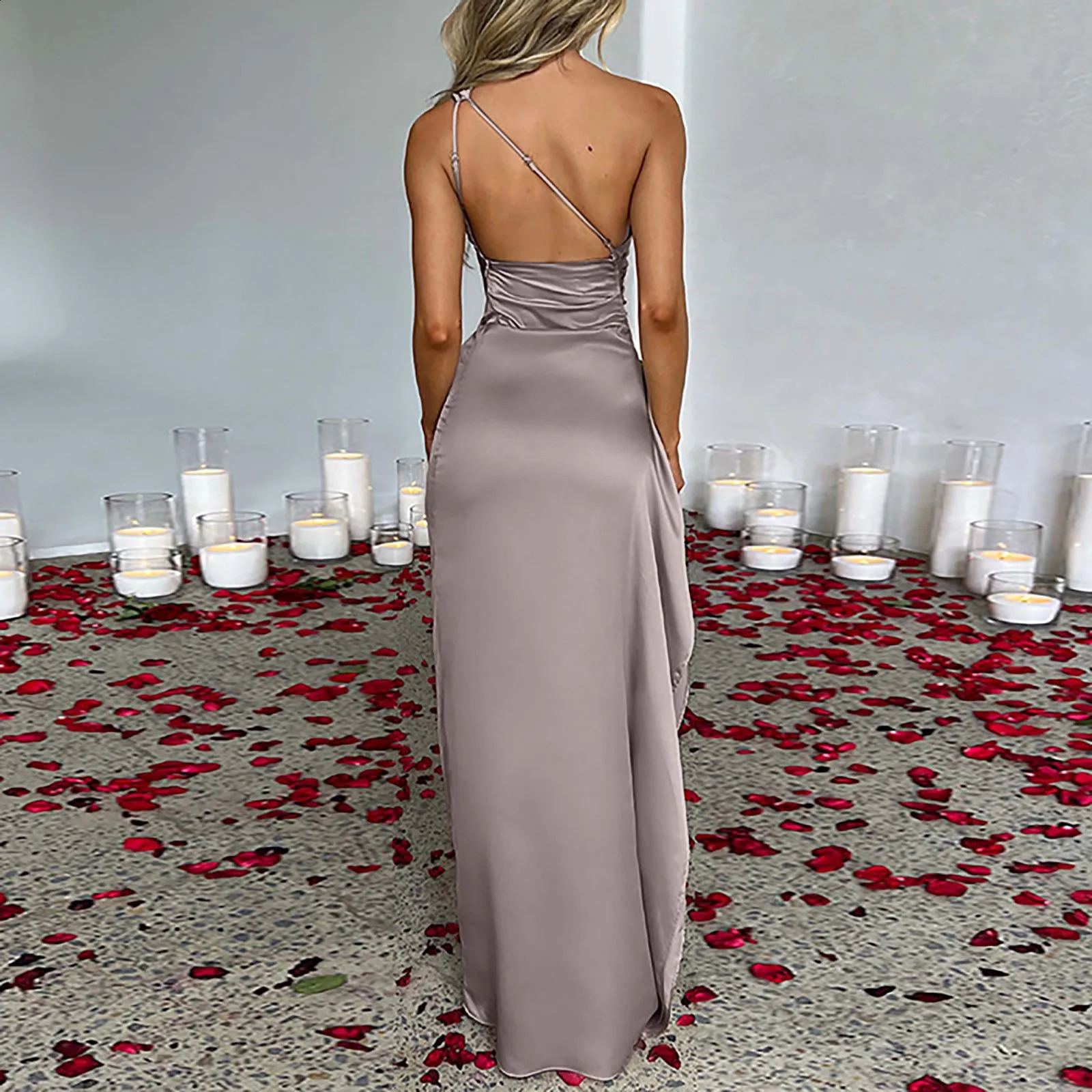 Elegant Womens Party Dresses WomenS Sexy One Shoulder Satin High Split Cocktail Wedding Party Maxi Robe Femme 240823 - view 4
