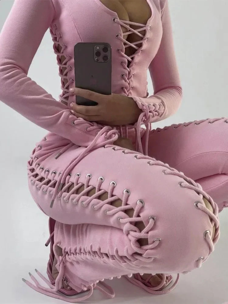 Knitted Slit Hollow Women Pants High Waist Lace Up See Through Streetpant Femme Solid Slim Fashion Streetwear Pant Ladies Sexy 240823