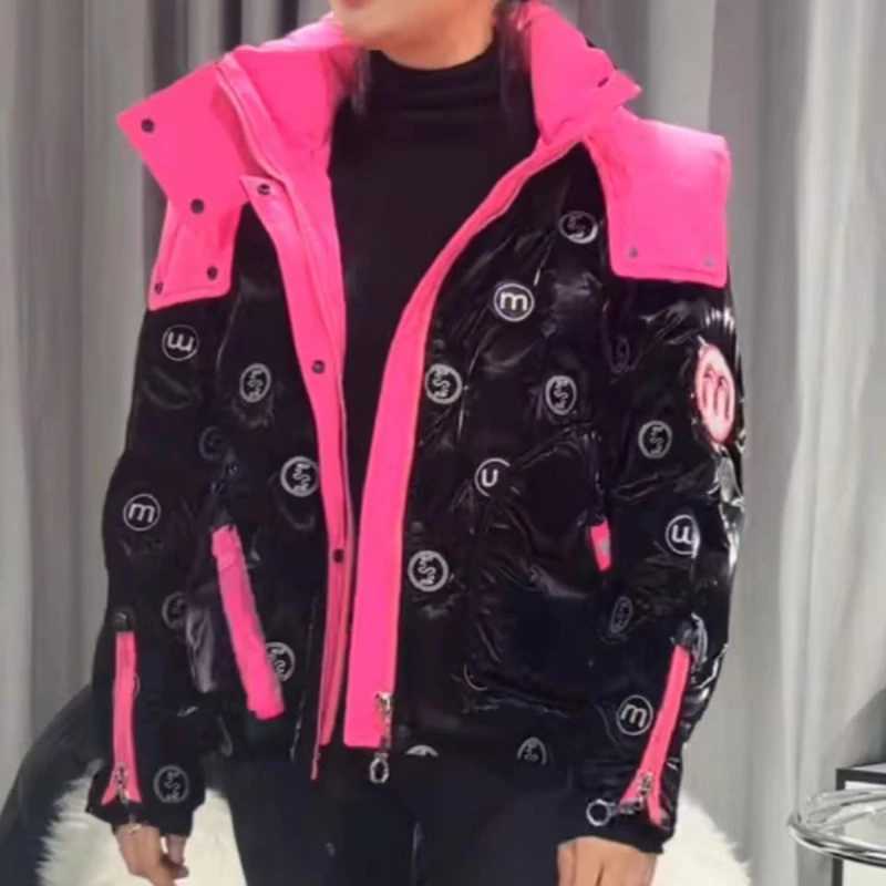 Women's Down Parkas Short Women Jacket 2024 New Winter Coat Female Hooded Letters Parkas Color Collision Casual Overcoat Loose Thick Warm Coats D