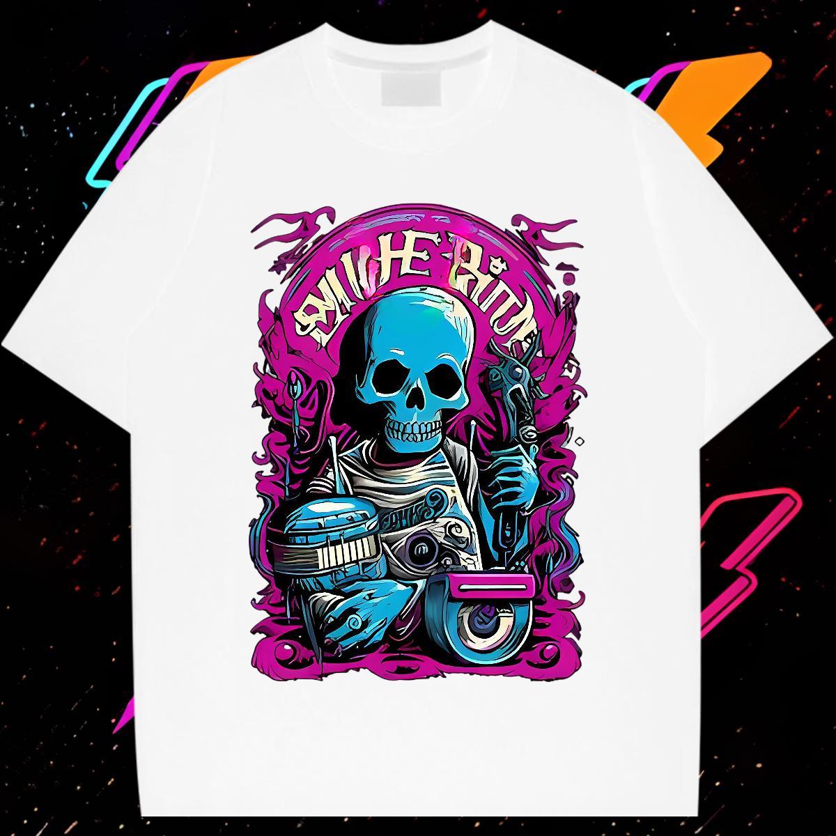 Free Shipping Man T Shirts 230g Cotton skull Spring Summer White Plus Size Breathable Short Sleeve Tshirt for Man Woman DIY Customized Clothes