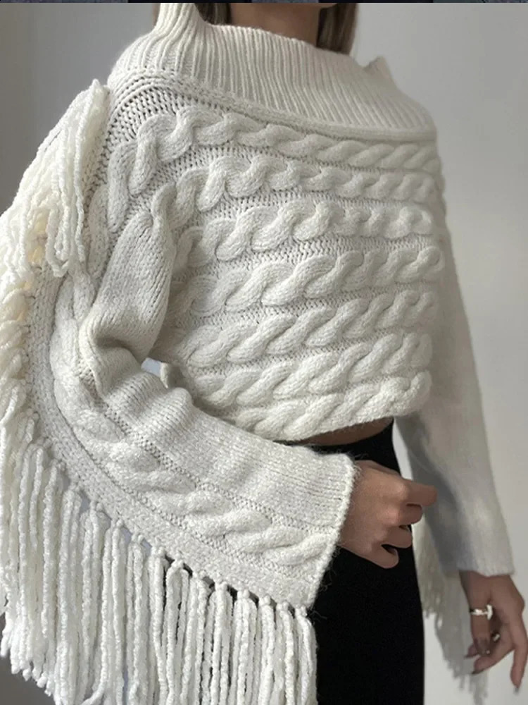 Tassels Solid Women Sweater Off Shoulder Knitted Female Pullover Autumn Elegant Casual Loose Long Sleeves Lady Sweaters 240824
