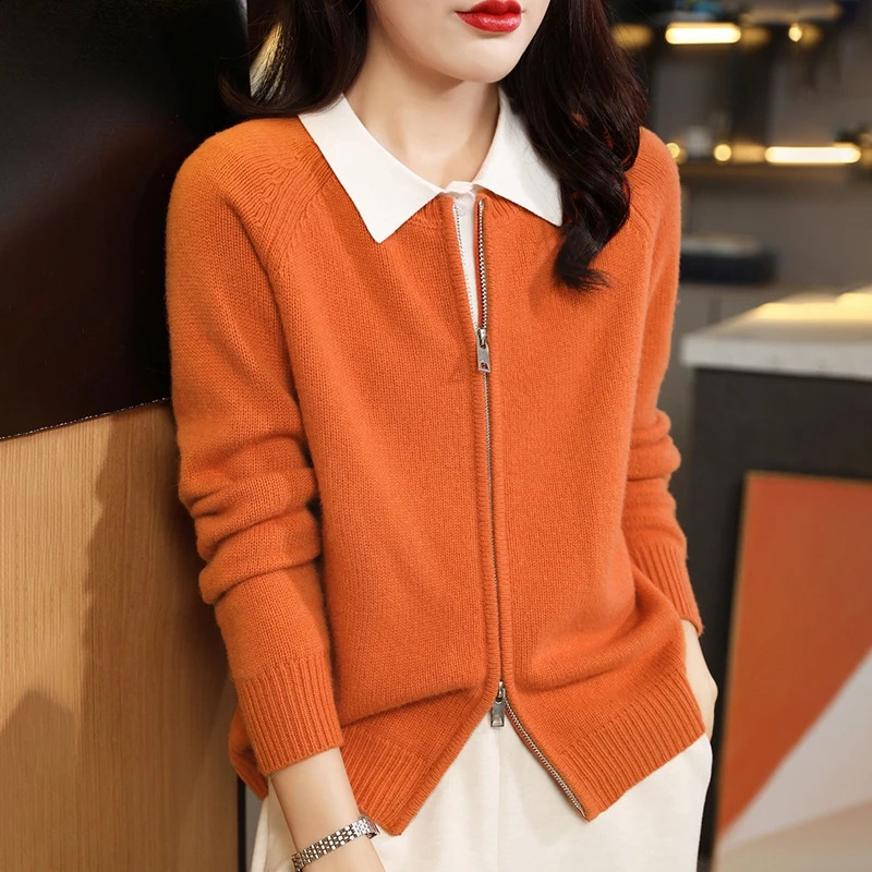 Womens cardigan autumn/winter casual knitwear 100% pure wool round neck jacket fit Tops Japanese/Korean style zipper Blouse 240824