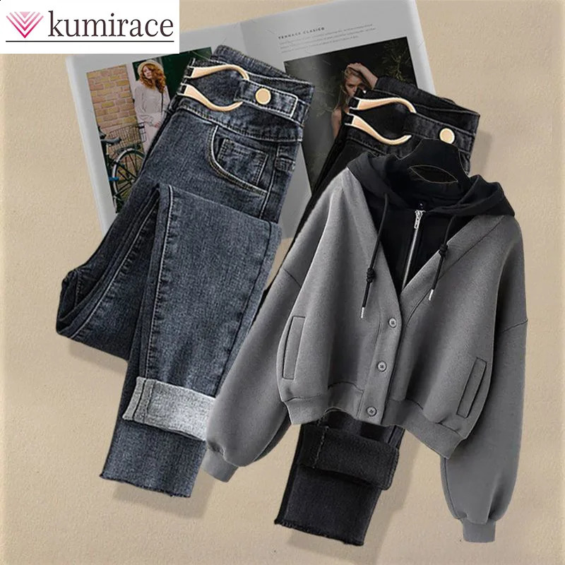 AutumnWinter Set for Women Hepburn Style Two piece Hoodie Loose Sweater Weight Loss Jeans Winter Clothing 240823