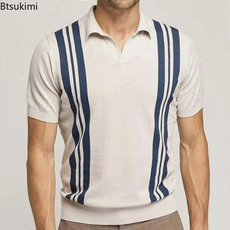 Summer Mens Short sleeved Knitted Polo Shirt with Open Back Retro Slim Fit Elastic Tshirt Top Business and Leisure 240824