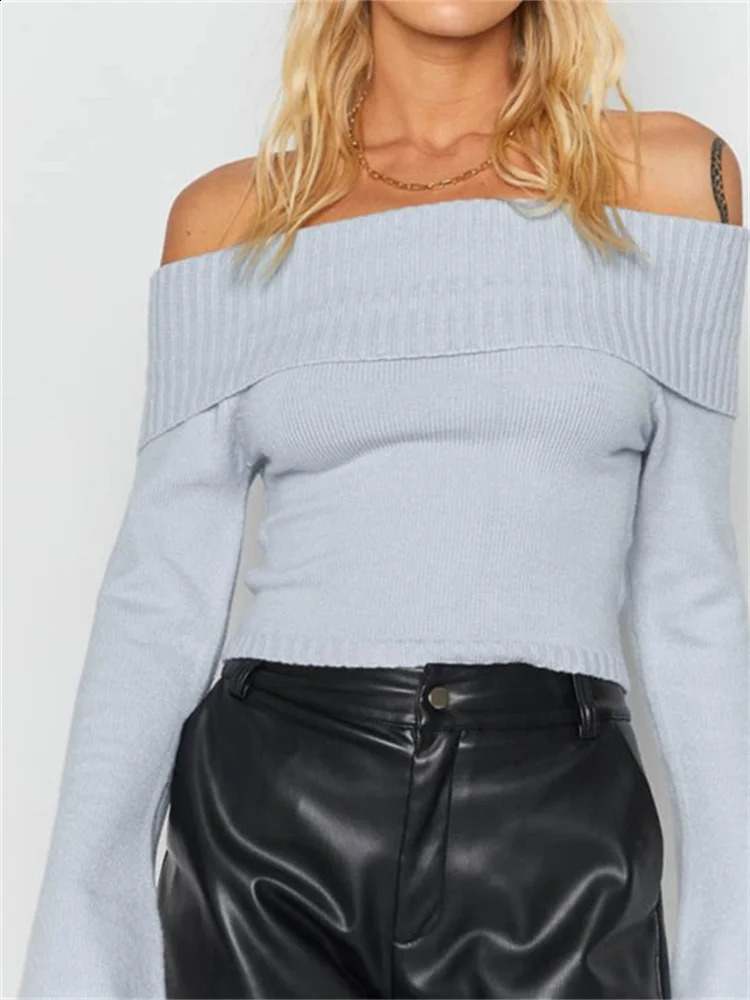 CHRONSTYLE Women Slash Neck Knitted Sweaters Tops Streetwear Long Sleeve Off Shoulder Ribbed Pullovers Slim Fit Causal Jumpers 240824