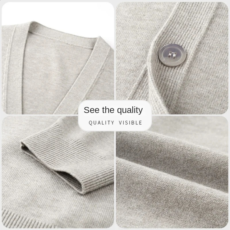 Spring and autumn Vneck solid color cardigan mens business casual sweater stretchable warm knitted High quality clothing 240824