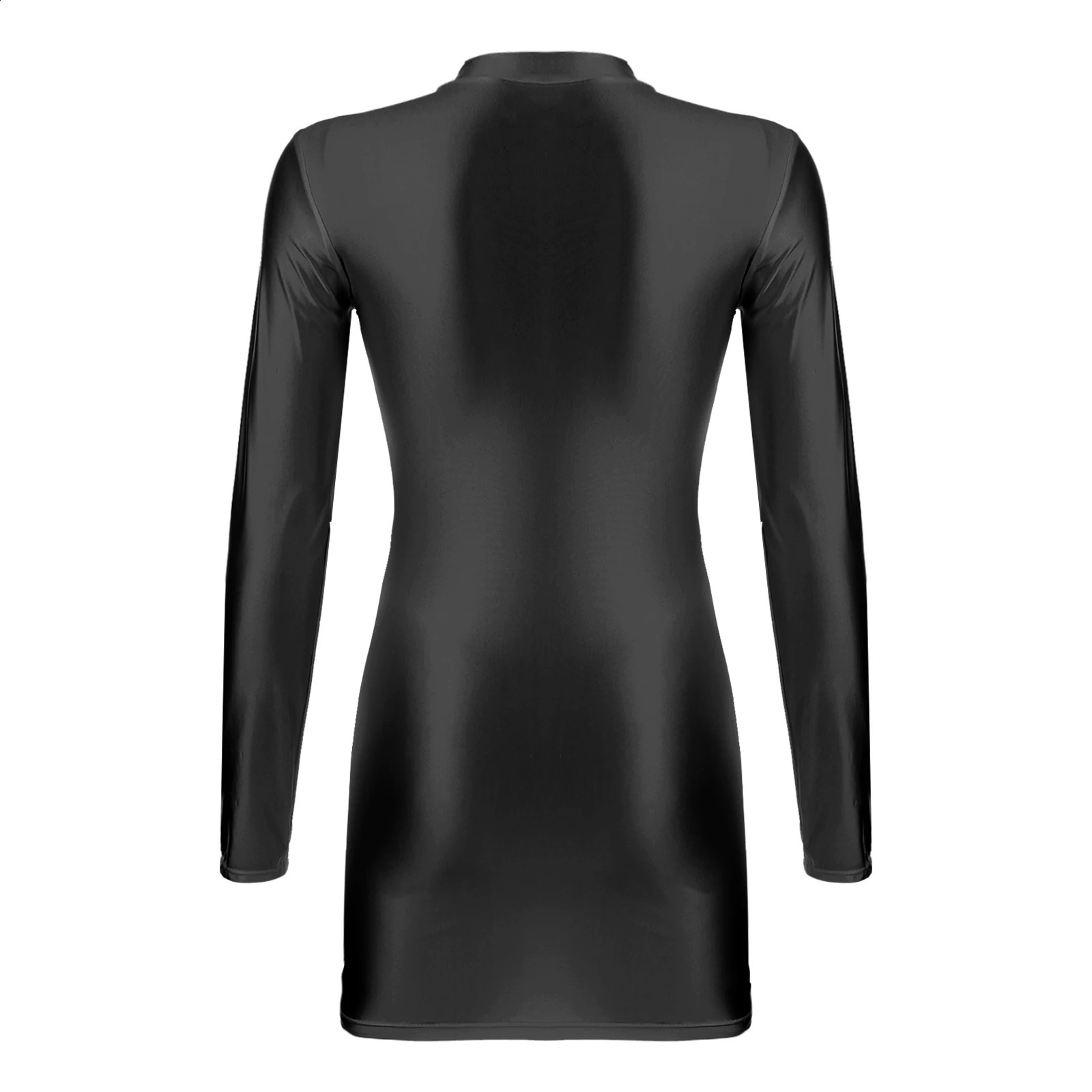 Womens Glossy Bodycon Dress Long Sleeve Mini Pencil Dress Nightwear Smooth Stretchy Mock Neck Tight Dresses Rave Party Clubwear 240823